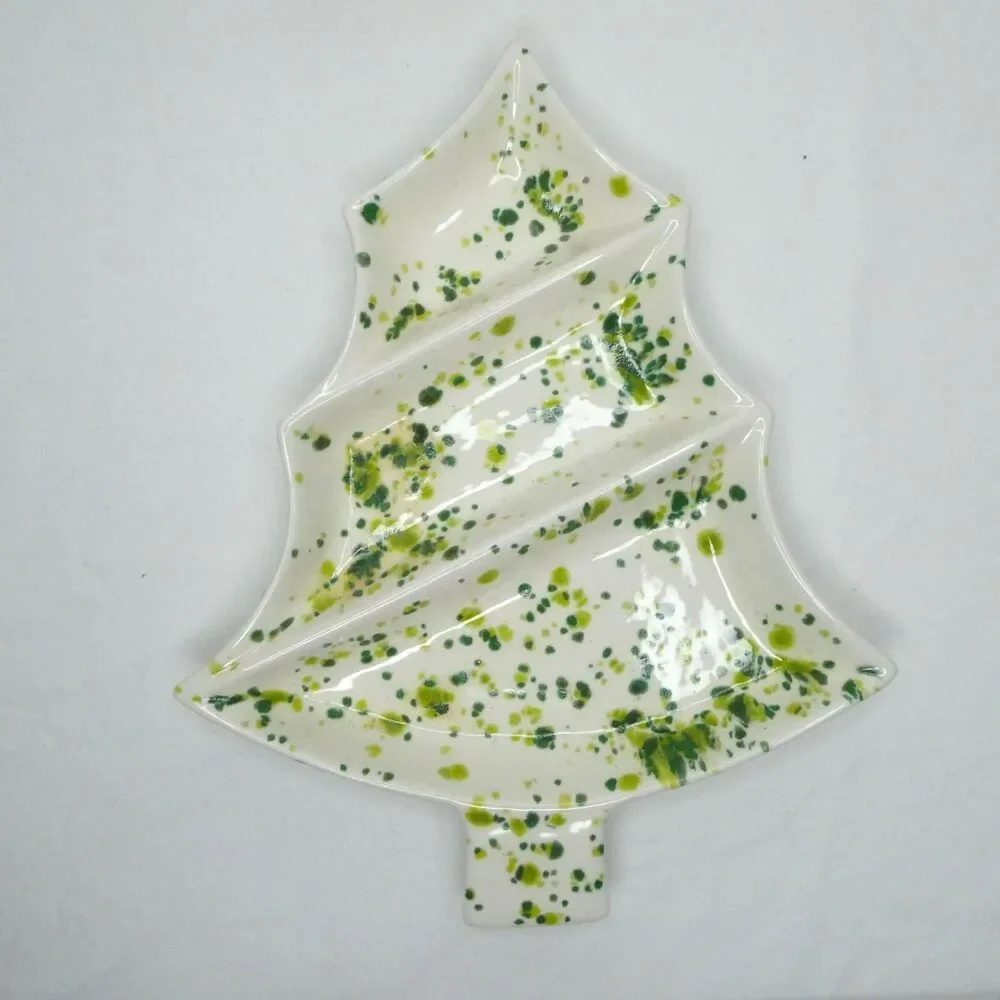 Set Speckled Christmas Tree Divided Tray and 8 Napkin Rings Ceramic ONE REPAIRED
